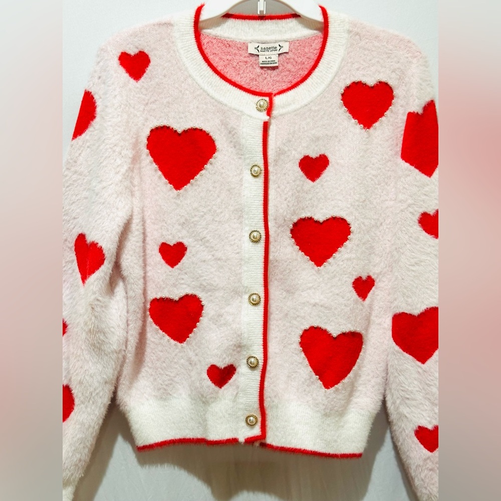 Nanette Lepore Red Heart Pearl Valentine Pullover Cardigan Sweater Size - L